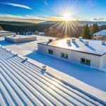 Snowy-white roof coating glistens in bright sunlight, providing energy-efficient insulation and weather protection