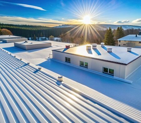 Snowy-white roof coating glistens in bright sunlight, providing energy-efficient insulation and weather protection