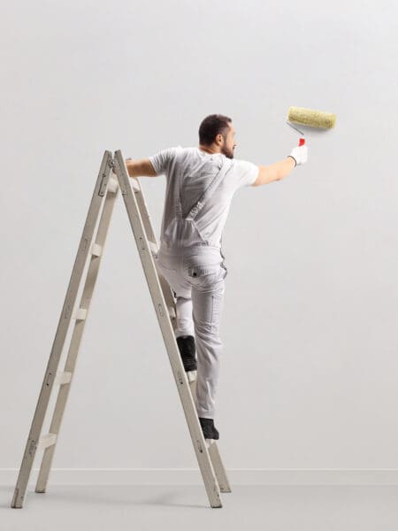 Rear view of a painter painting a wall on a ladder