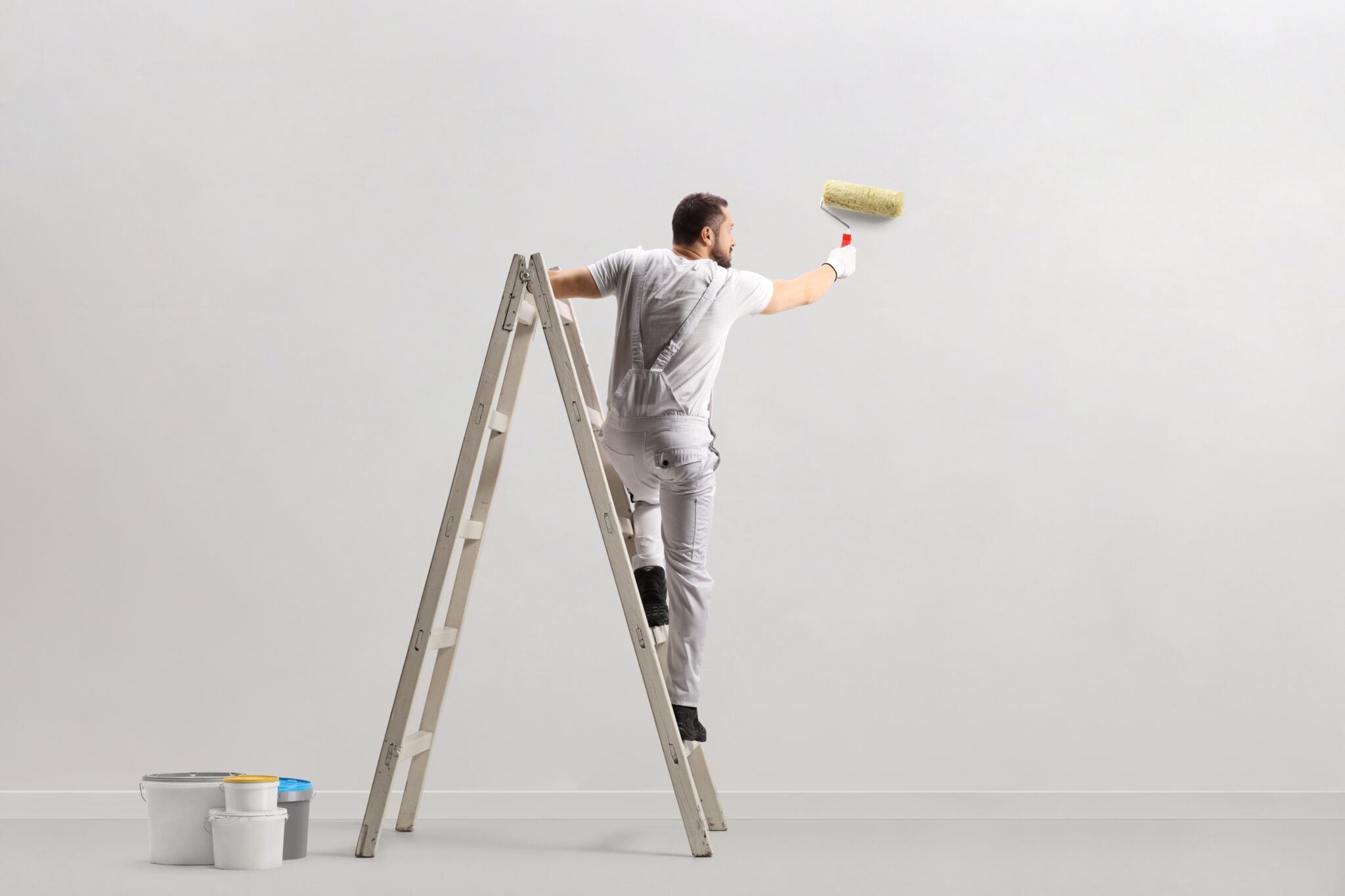 Rear view of a painter painting a wall on a ladder