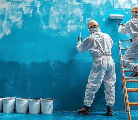 Two commercial painters in white overalls paint a blue wall