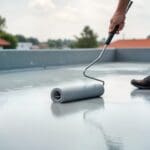 Worker applies waterproofing coating on rooftop deck using paint roller. Gray floor waterproofed. Construction work on flat roof. Contractor uses tools to reinforce protect.