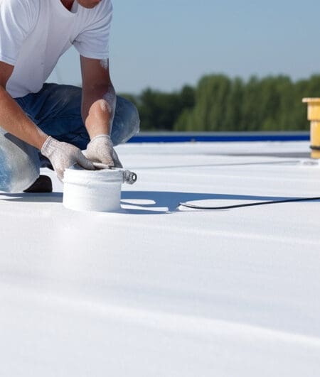 Worker applies an silicone waterproof coating on rooftop