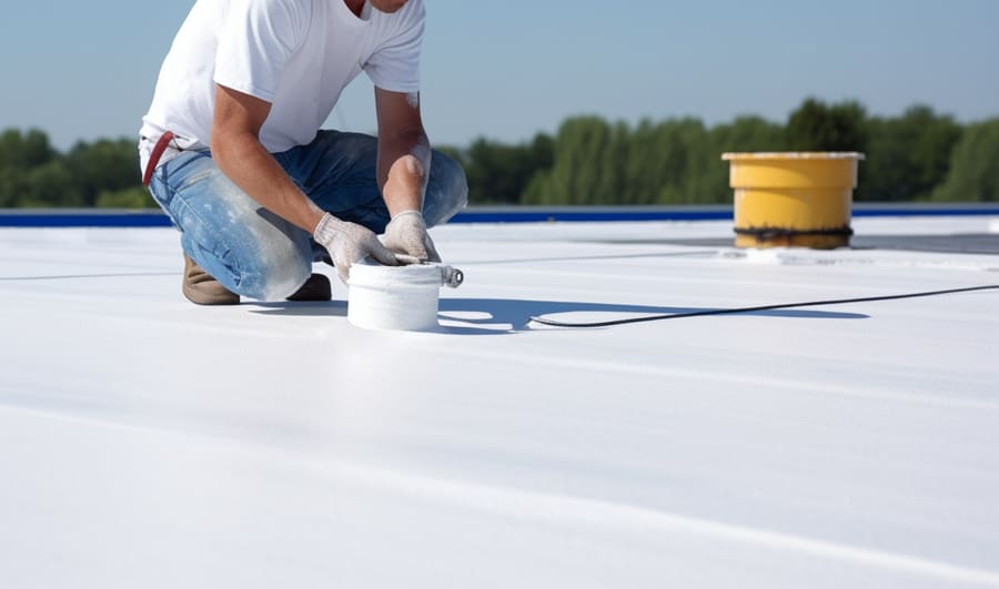 Worker applies an silicone waterproof coating on rooftop