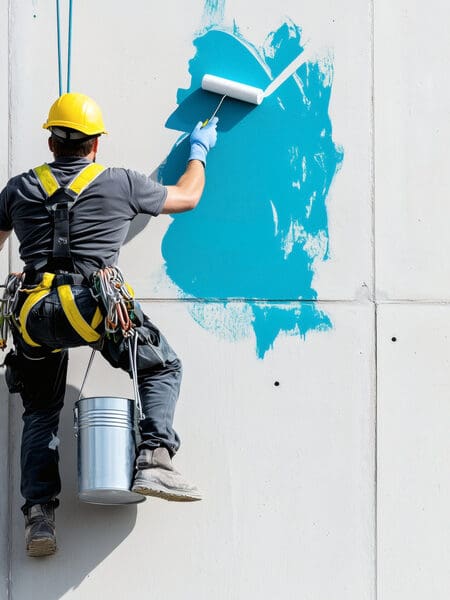 Painter on wall with roller painting a commercial building
