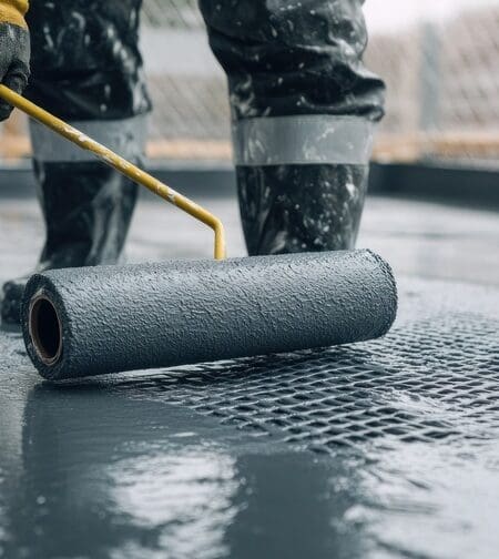 Commercial waterproofing expert applying sealant to a rooftop floor